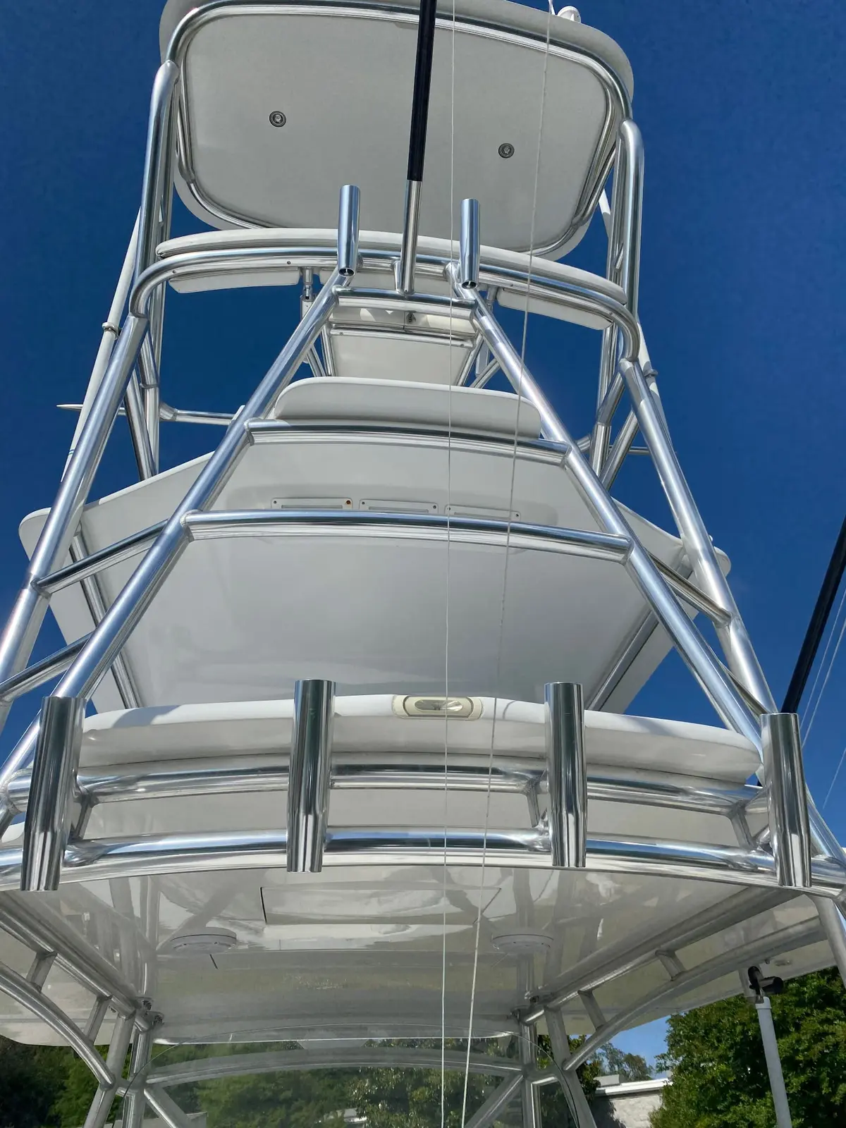 Polished boat tower and metalwork viewed from below