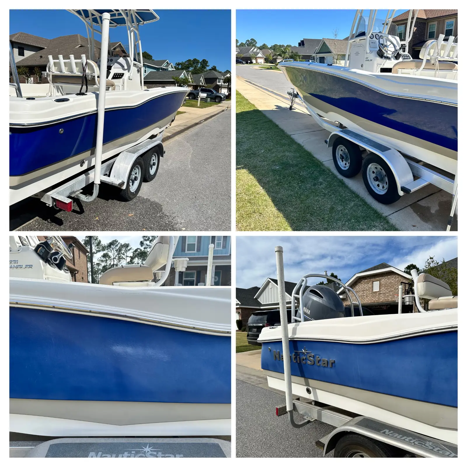 Collage showing detailed blue and white boat hull and interior surfaces